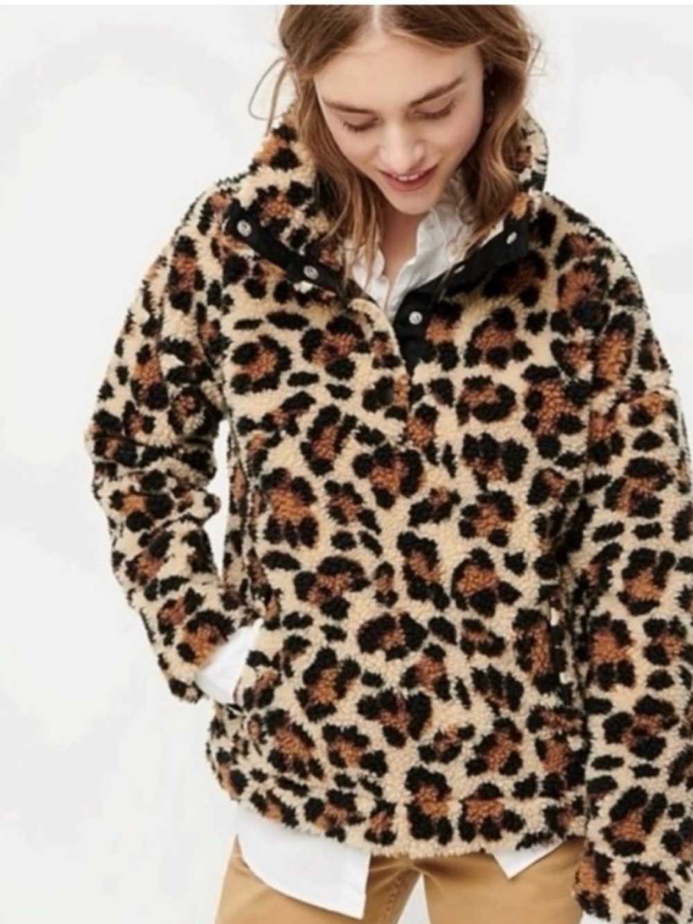 J. Crew Snap-Collar Sherpa Pullover Jacket in Leopard Print